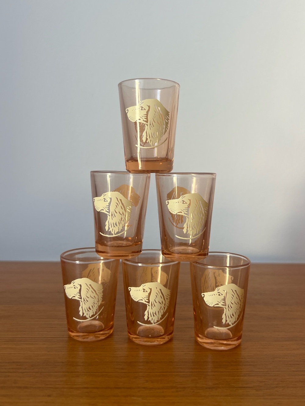 Vintage French Hound Peach Blush Coloured Shot Glasses